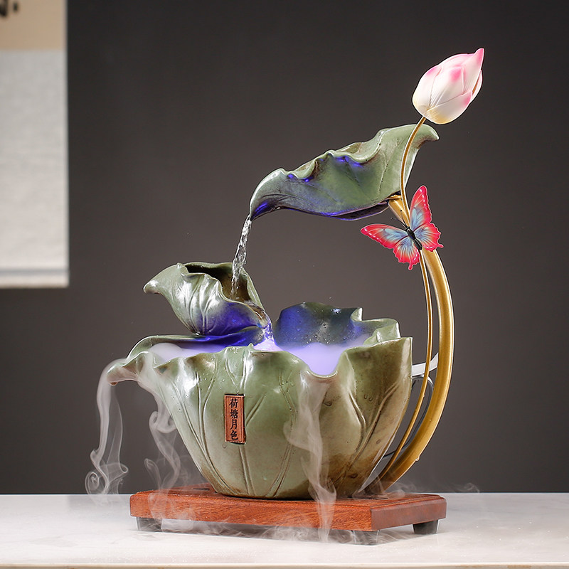 新中式水循环陶瓷流水生财摆件家居客厅办公室桌面荷花开业装饰品