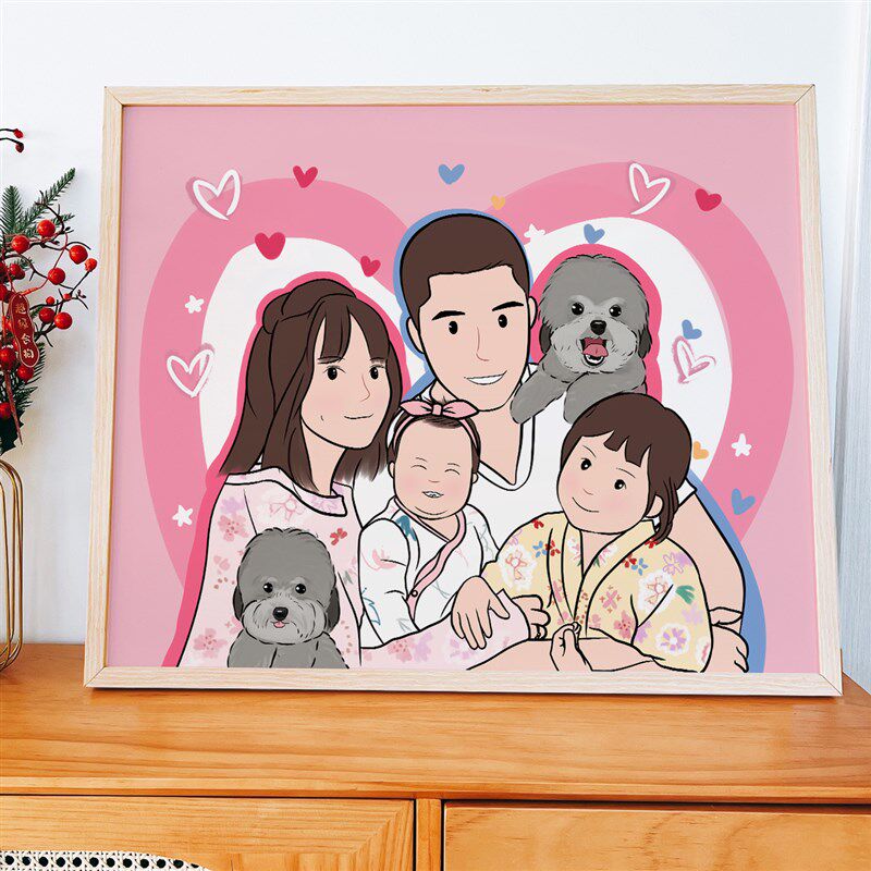 一家三口装饰画画像定制真人照片新屋入伙礼物儿童房四全家福手绘