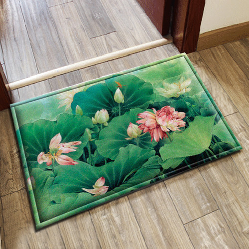 荷花中国风式卫生间卧室入户门厅地垫 青花瓷脚垫 书房垫吸水防滑