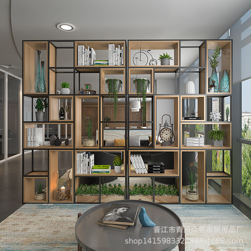 简约铁艺多层置物架 客厅实木落地式隔断架子 创意格子书架展示架