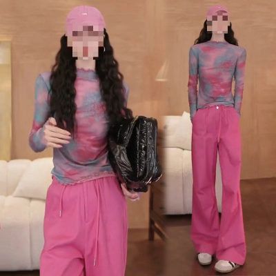 千禧风扎染网纱上衣+火龙果色阔腿裤套装女秋季甜辣个性两件套