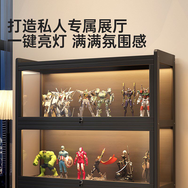 透明亚克力手办展示柜收纳带锁LED灯防尘家用玩具模型摆件置物架