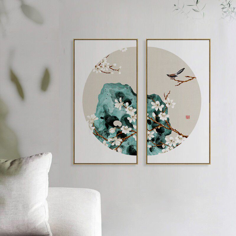 水墨宣言 新中式玄关轻奢花鸟装饰画时来运转挂画双联组合墙画