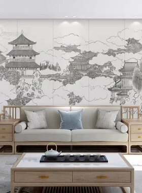 3d新中式山水壁布禅意楼阁墙纸客厅背景墙布民宿酒店包房硬包壁画
