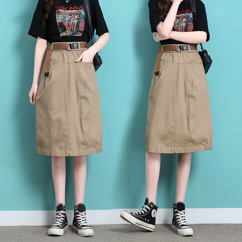 卡其色牛仔半身裙女2024年秋季新款松紧腰显瘦休闲a字百搭中长裙