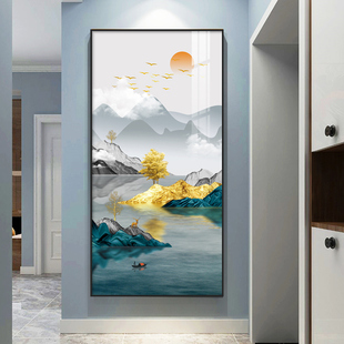 竖版 走廊过道尽头挂画山水画客厅壁画晶瓷画 饰画新中式 入户玄关装