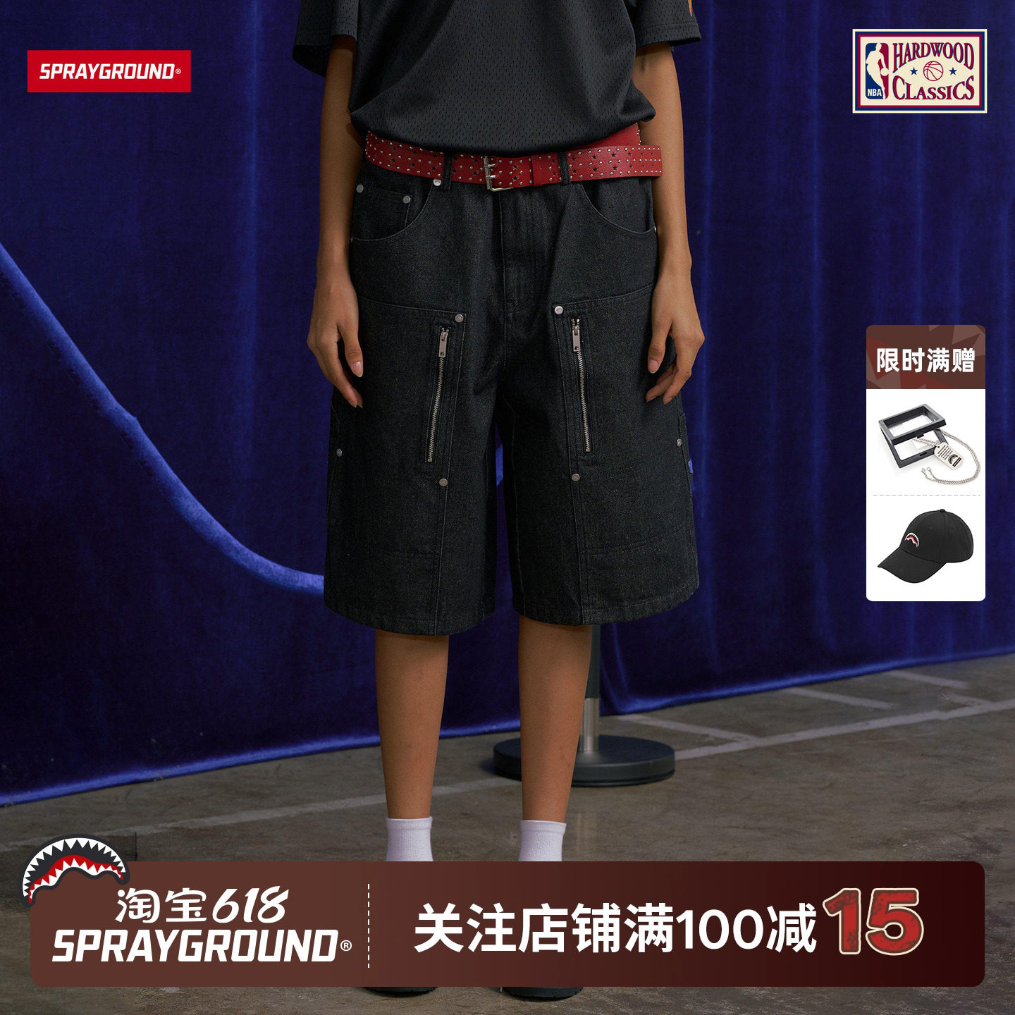 SprayGround I NBA HWC联名系列 潮流勇士队美式街头工装五分短裤