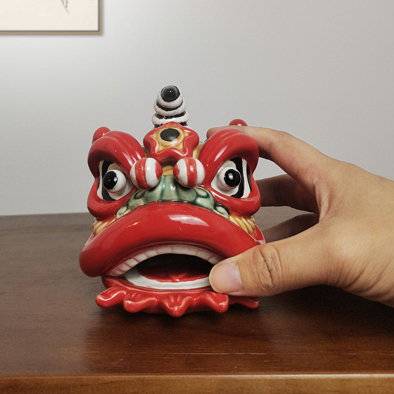 新中式醒狮舞狮小摆件陶瓷狮头玄关博古架电视柜石湾公仔桌面摆设