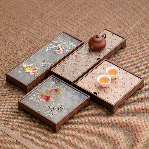 胡桃木茶盘小型家用年年有鱼实木蓄储水式国潮茶台干泡台沥水盘