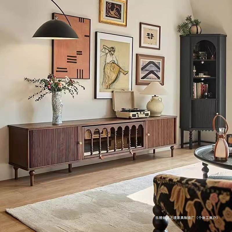 法式复古白橡木实木电视柜北欧简约小户型美式黑胡桃木实木试听柜