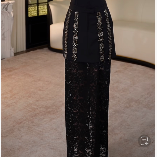 【芙娜妮】高腰金色民族刺绣拼接蕾丝开叉长款半身裙 X2620588B
