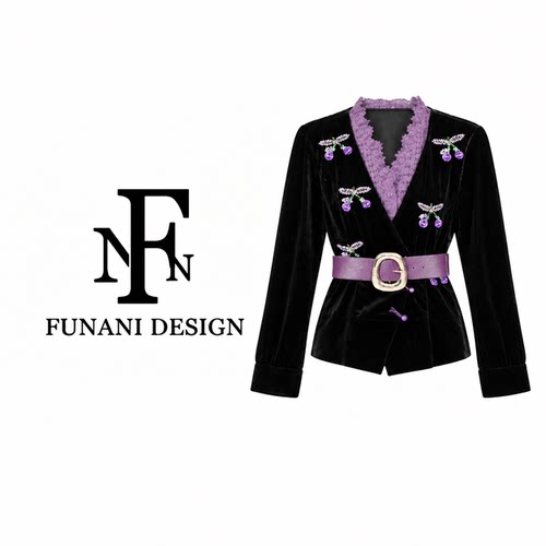FNN黑丝绒收腰短外套女秋季设计感蕾丝拼接V领长袖开衫DF2631102A