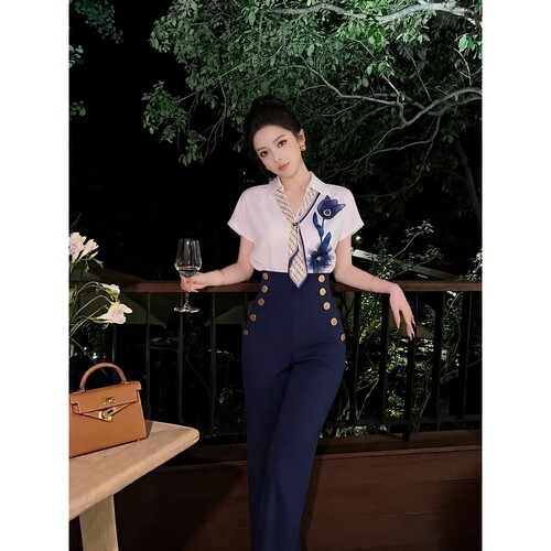 芙娜妮新中式收腰短袖衬衣两件套