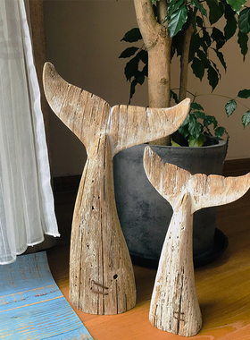 YBOX实木复古手工鱼尾巴摆件民宿样板房装饰鲸鱼尾巴工艺品摆件