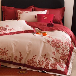 高端婚庆全棉柔软四件套轻奢风花卉刺绣纯棉白红色被套床上用品