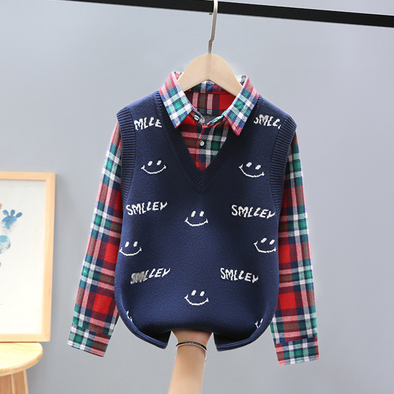 男童毛衣假两件加厚加绒秋冬款中大童针织衫儿童男孩学生线衣12岁