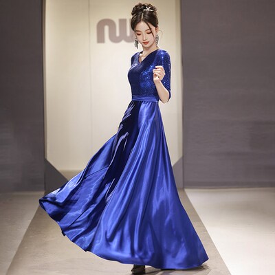 蓝色V领大合唱团演出主持舞台比赛表演服装礼仪女成人晚礼服长裙