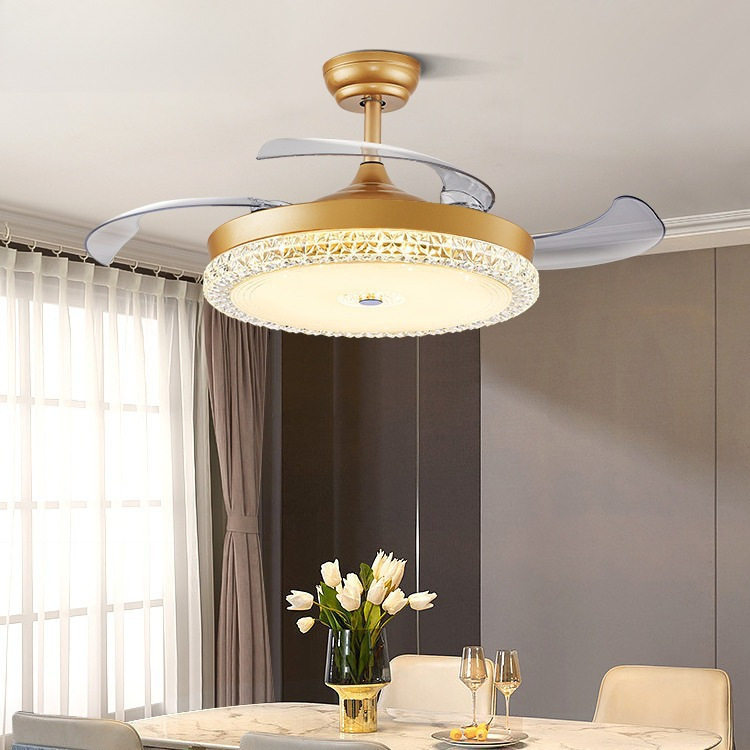 金色卧室餐厅吊扇灯水晶隐形风扇灯客厅灯一体现代轻奢