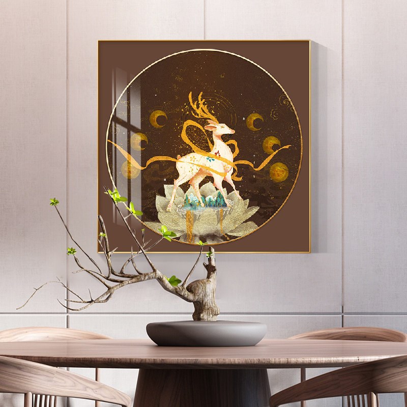 新中式玄关装饰画敦煌九色鹿餐厅挂画客厅背景国潮方形寓意好网红