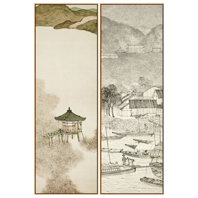 新中式玄关山水装饰画客厅过道意境挂画茶室书房竖版组合壁画定制