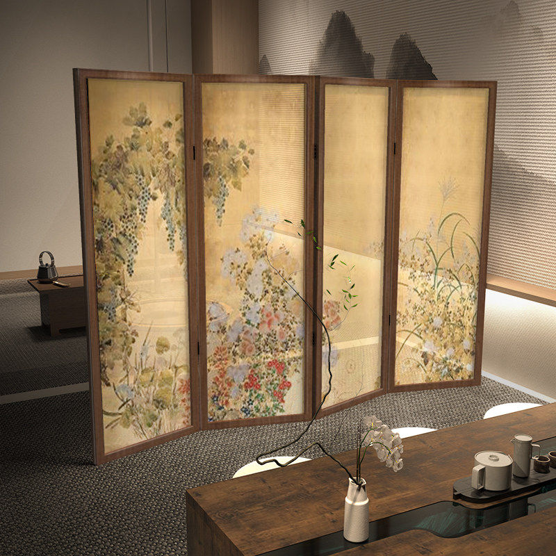 春秋花草》新中式复古屏风隔断客厅玄关茶室背景墙实木国潮风折屏