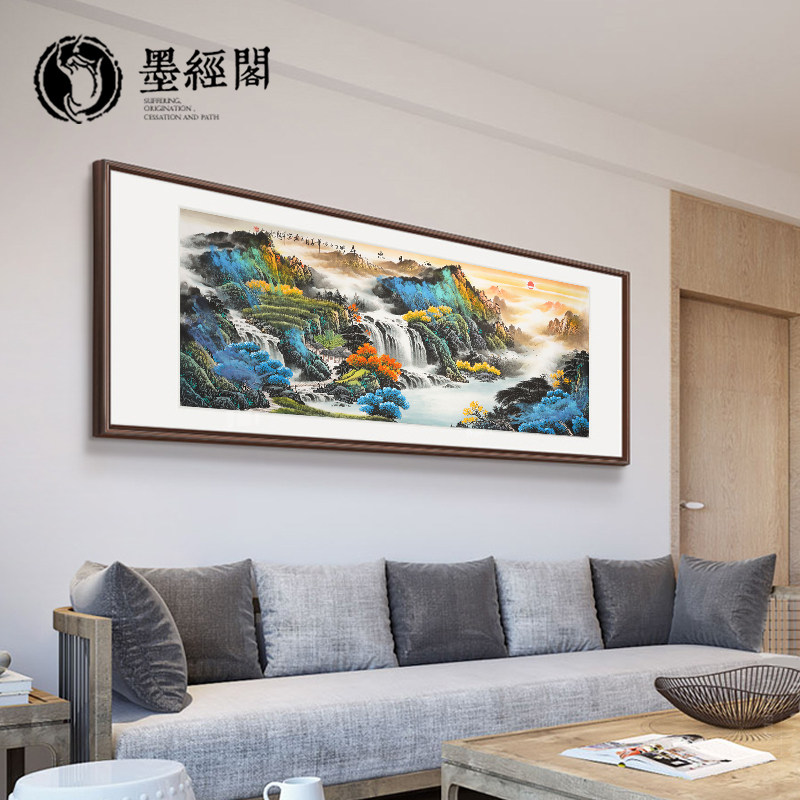 手绘国画新中式客厅沙发装饰画办公室大气山水画实木横版挂画