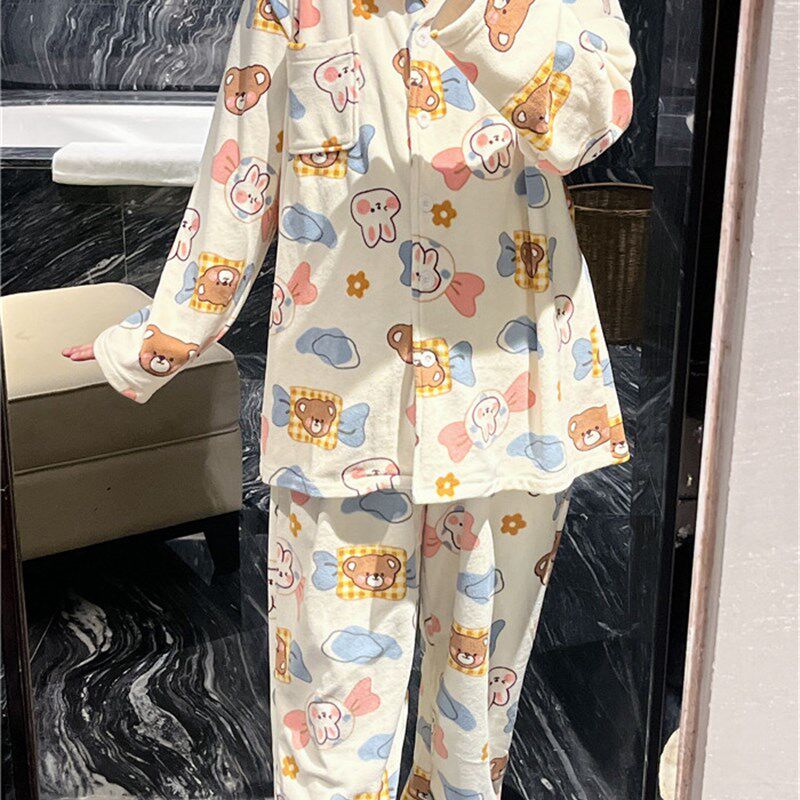 秋冬长袖开衫睡衣女可爱加厚超柔棉仔绒家居服大码胖mm200斤套装