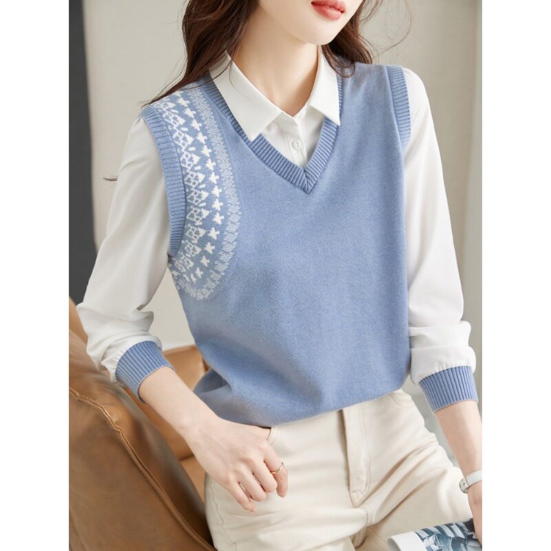 假两件针织衫女2024春秋新款学院风马甲背心拼接长袖衬衫套头毛衣