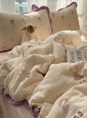 A类母婴级纯棉双层纱花边四件套ins法式风全棉学生宿舍三件套被套