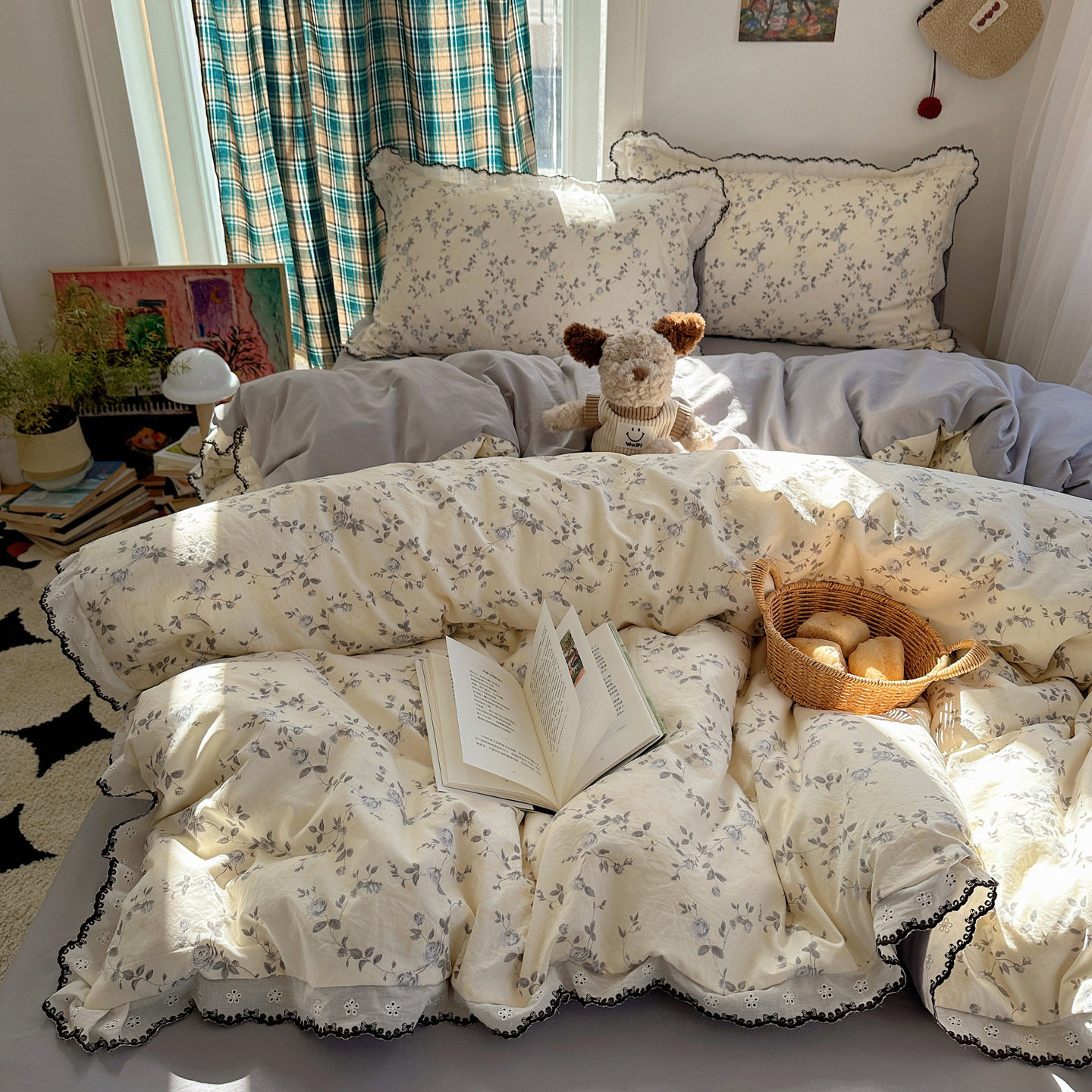 ins公主风纯棉四件套全棉花边款法式床单被套韩版床上宿舍三件套