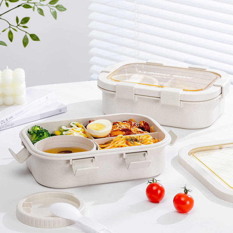 简约学生塑料分格饭盒汤杯套装上班族午餐便当盒卡扣打包餐盒