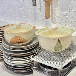 可颂绿梨泡面碗6英寸带盖陶瓷釉下彩嗦螺蛳粉学生宿舍大容量家用