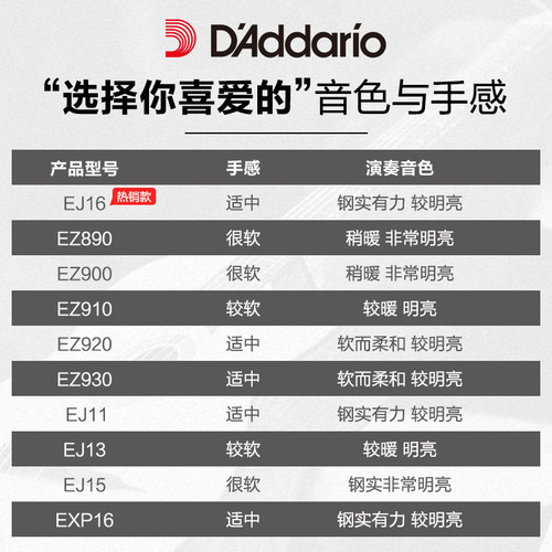 美产达达里奥吉他弦EJ16一套6六根全套玄线1民谣木吉他琴弦EZ910