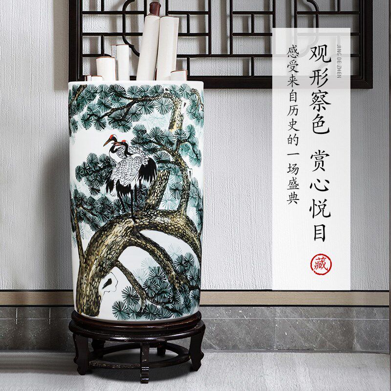 景德镇陶瓷器书画缸卷轴缸客厅大号墨彩花瓶书房字画筒收纳桶摆件