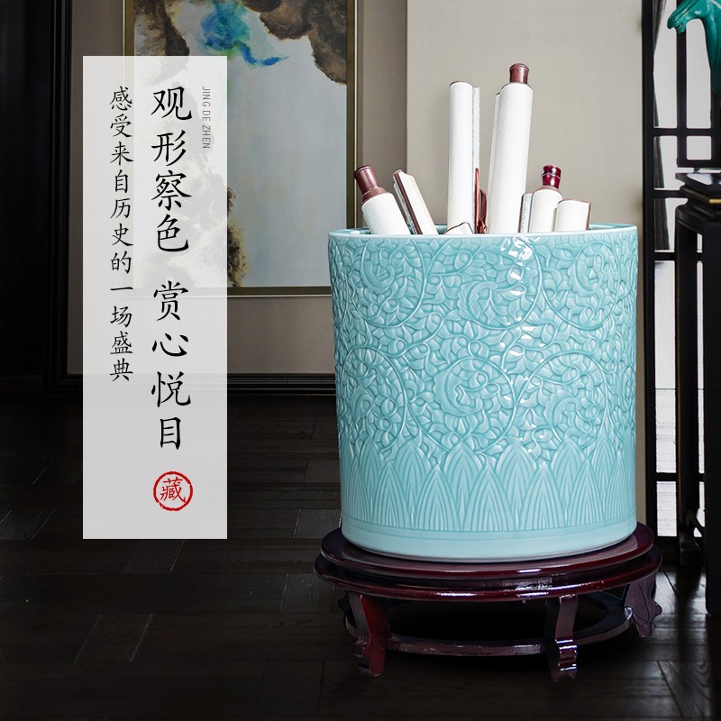 景德镇陶瓷书画缸卷轴缸雕刻影青釉落地花瓶摆件书房客厅字画收纳