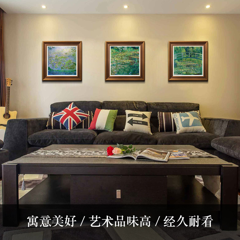 风色睡莲三联莫奈印象派荷花油画欧式客厅背景墙餐厅卧室三联挂画