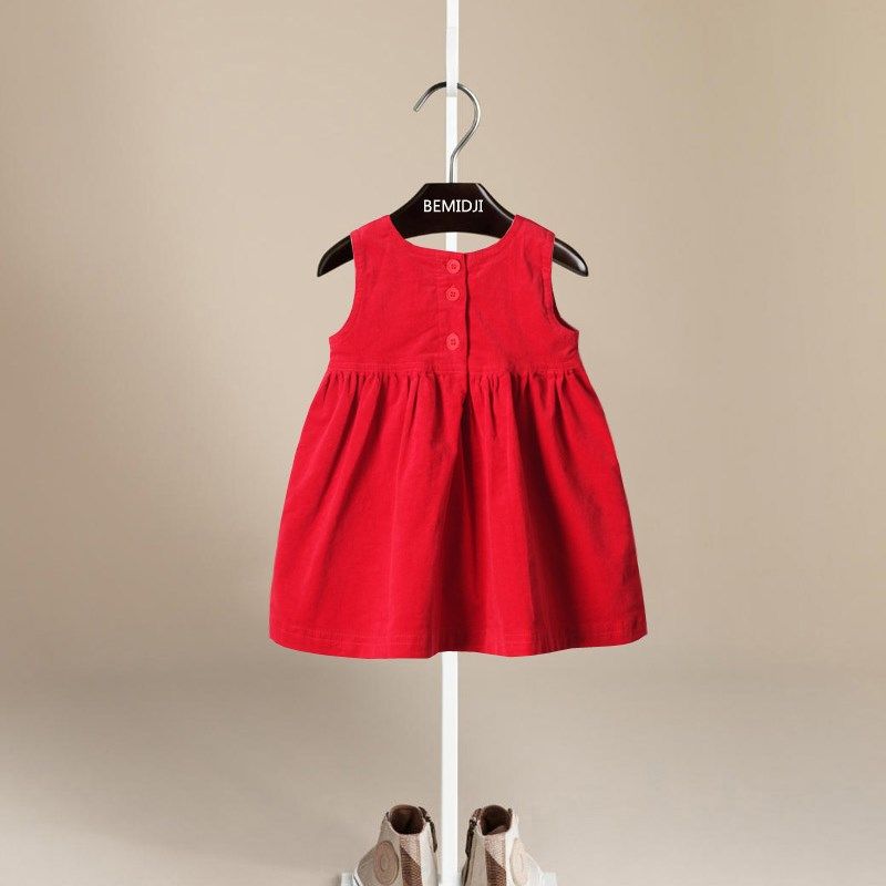女童洋气背心连衣裙春秋宝宝大红色公主裙新年装儿童灯芯绒背带裙
