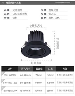 防眩洗墙灯cob射灯led可调客厅餐厅服装店开孔65mm6.5cm80mm7公分