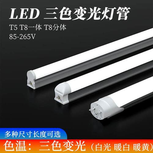 led灯管三色变光客厅220V家用T8T5一体长条日光灯白光暖白暖黄led