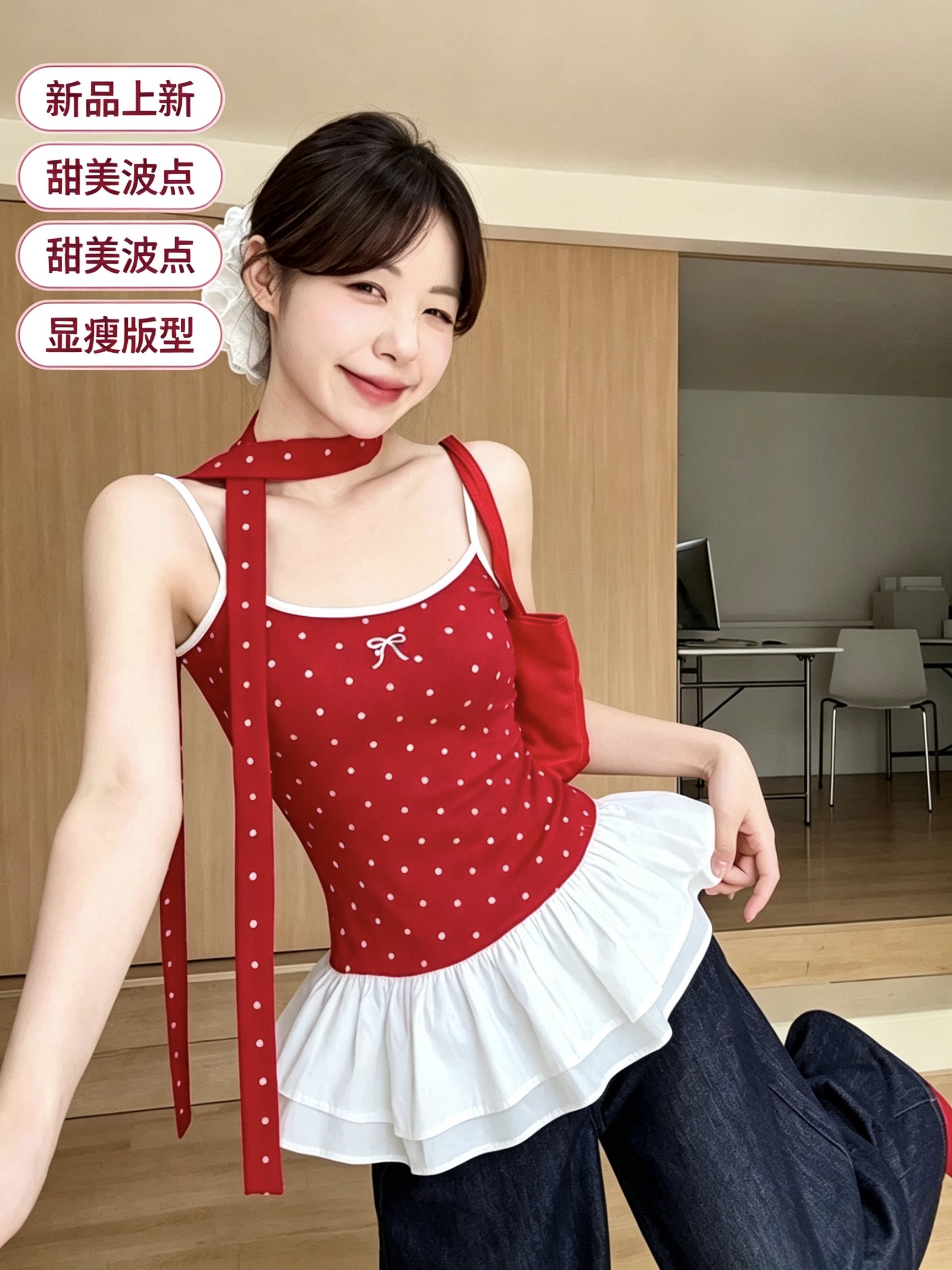2026夏季韩系波点蝴蝶结吊带背心女 拼接荷叶边飘带显瘦上衣