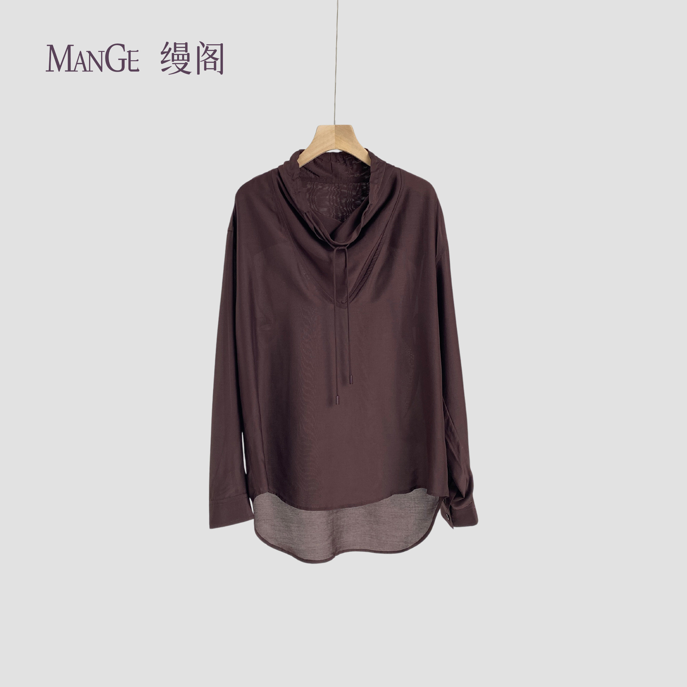 MANGE缦阁 桑蚕丝混纺 简约舒适减龄风 轻薄抽绳堆领长袖上衣卫衣