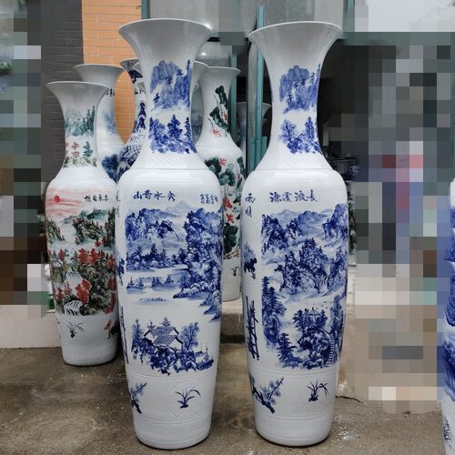 陶瓷装饰摆件落地大花瓶手绘釉下彩青花山水陶瓷大摆件开业礼品瓷
