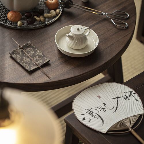 清欢丨矮款胡桃木圆形茶桌 新中式茶室用烧炭茶台 茶空间围炉煮茶