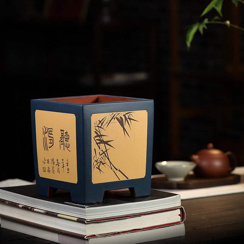 清香阁紫砂 实力艺人手工桌面兰花盆 双色浆四方盆景古典绿植花盆