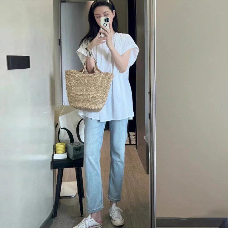 浅色直筒牛仔裤女2024年夏季高腰八分小个子修身显瘦九分烟管裤子
