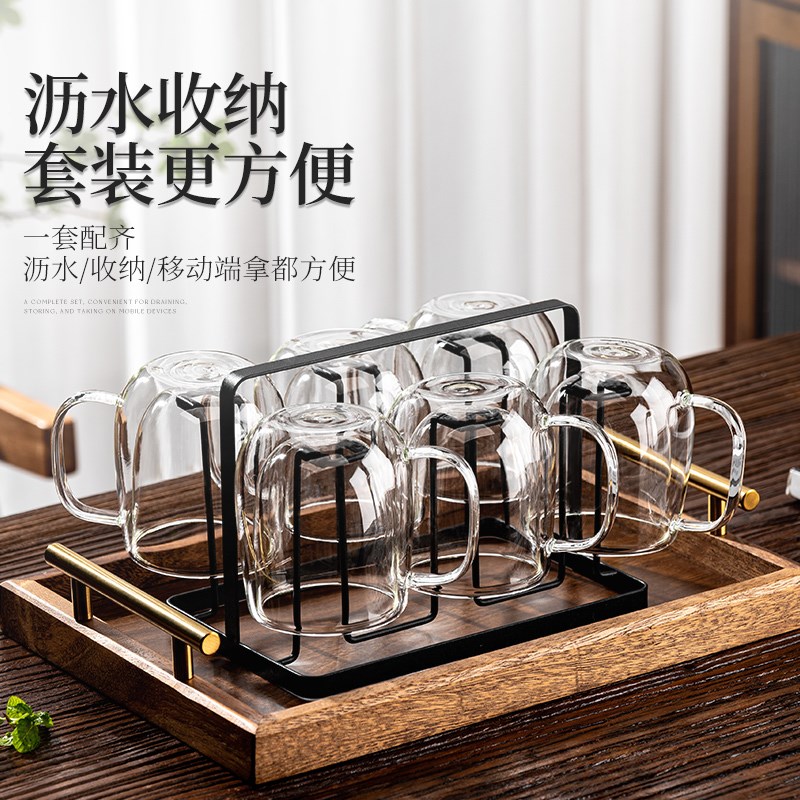 双层隔热玻璃杯耐高温家用待客喝水杯子高硼硅带把手泡绿茶杯套装