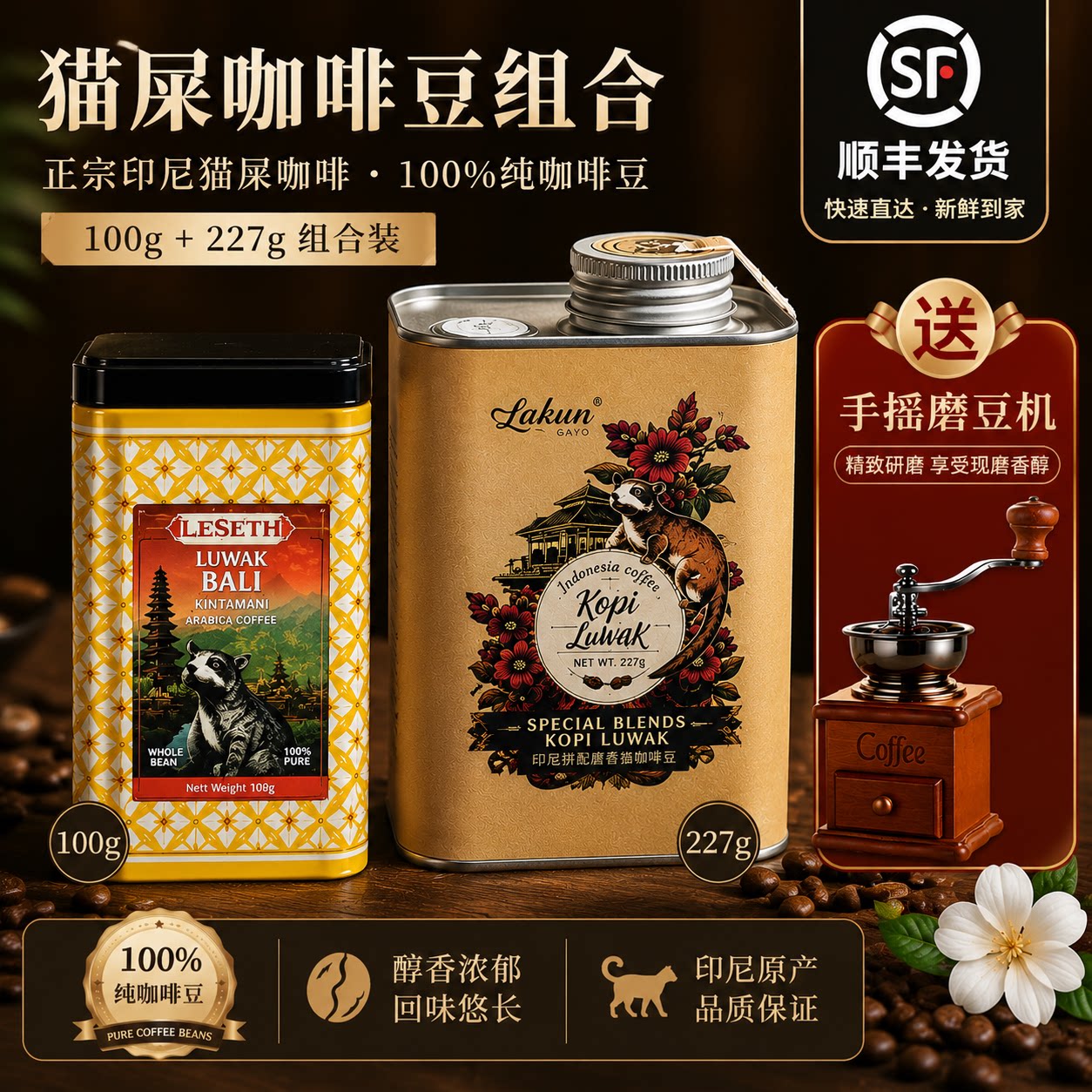 印尼乐贝斯现磨猫屎滤泡手冲麝香猫纯黑咖啡豆罗布斯塔100g罐装