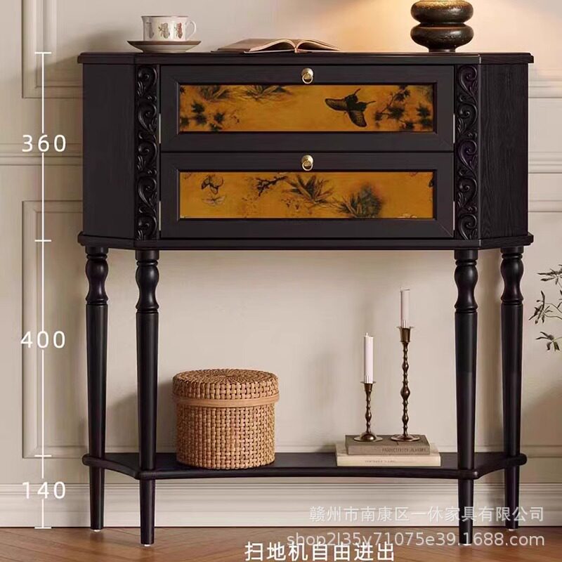 法式复古玄关柜实木黑色香云纱客厅入户装饰柜中古风展示柜玄关台