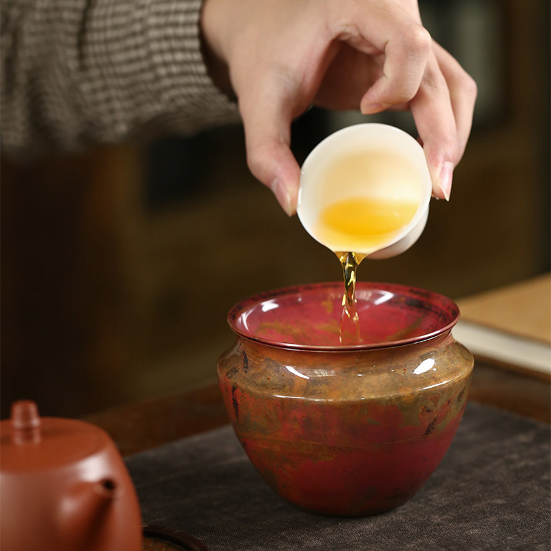 日式手工烧色紫铜纯铜建水茶洗功夫茶水盂带盖茶盂钵型过滤茶渣缸