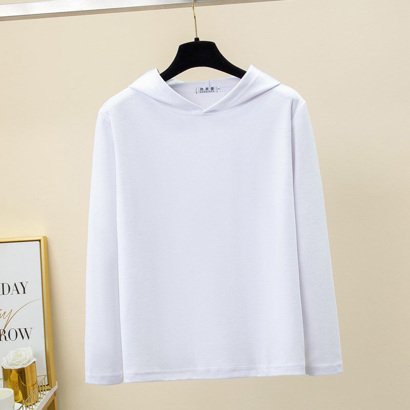 2024新款春秋白色连帽长袖t恤女薄款宽松大码带帽卫衣夏纯棉帽衫